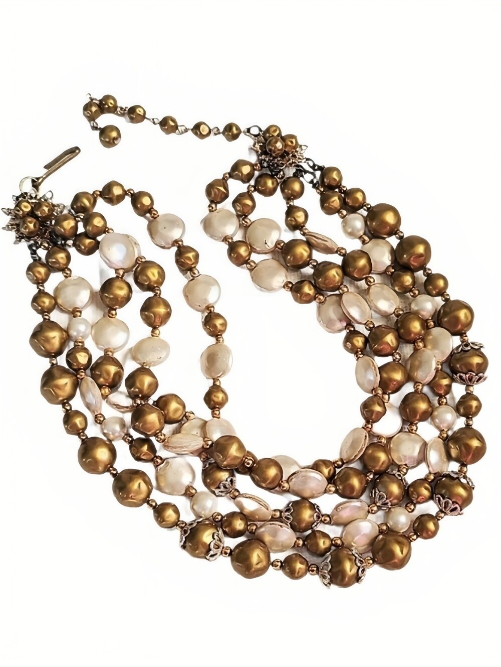 💛Vintage 5 Strand Cream Bronze Baroque Pearl Bead Cluster Necklace West Germany